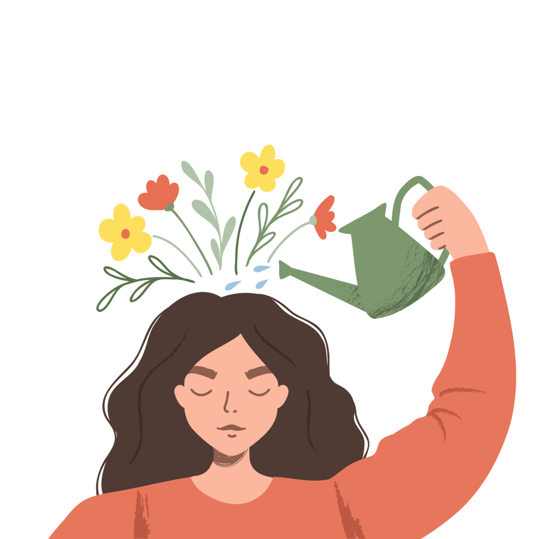 Girl watering flowers on her head to represent growth mindset