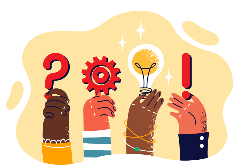 Abstract image of hands holding lightbulb, exclamation, and question mark 
